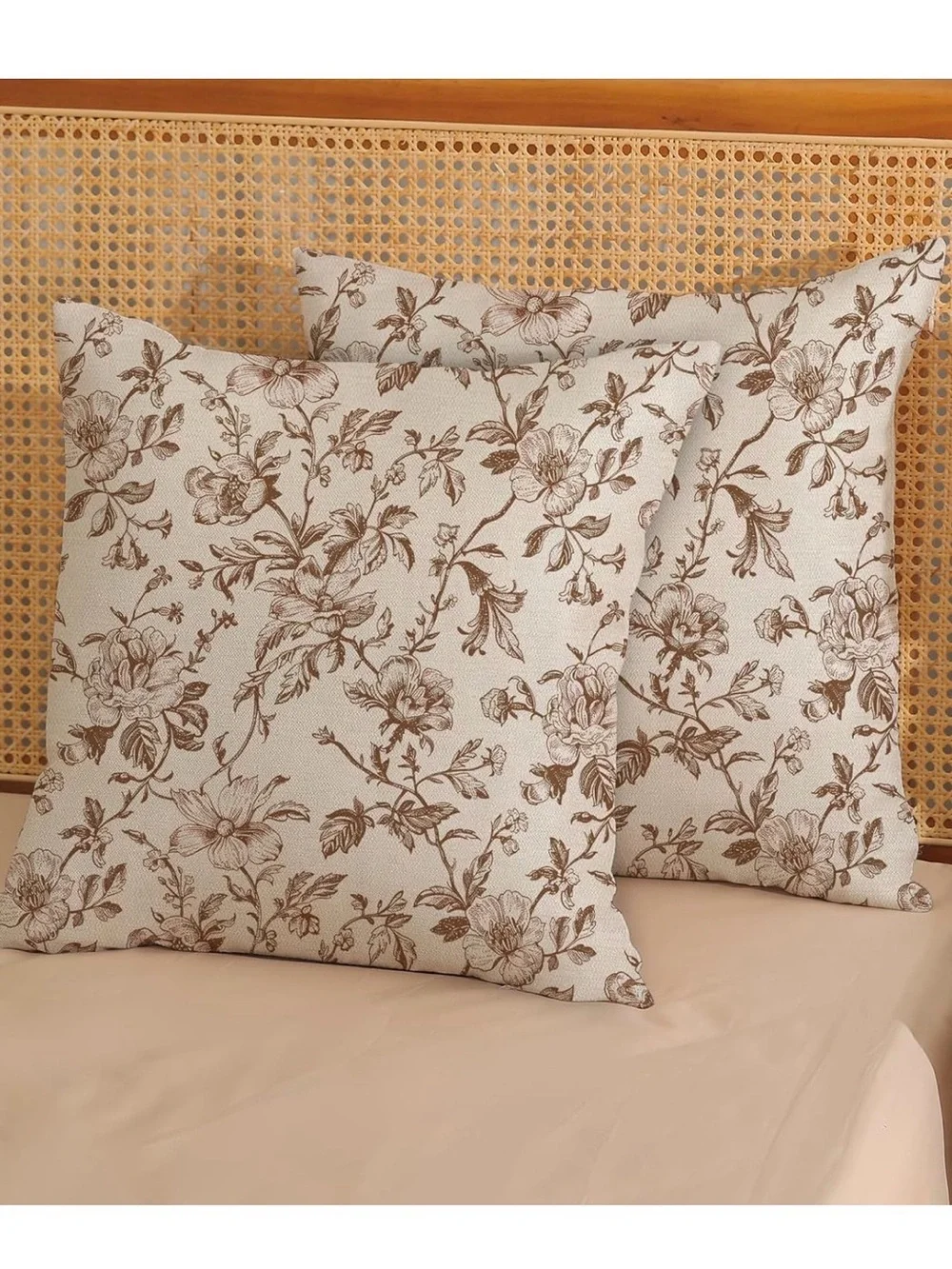 Floral Toile Decorative Throw Pillow Pair in Brown on Cream NWT